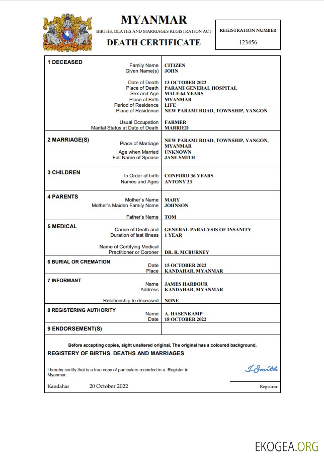 Modèle Word et PDF de certificat de décès du Myanmar